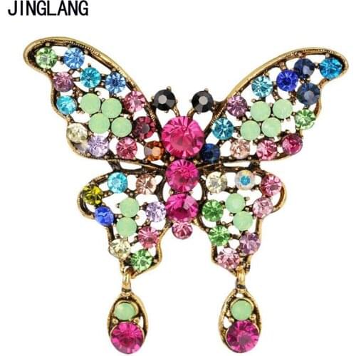 JINGLANG Retro Bronze Color Fashion Metal Animal Brooches Pins Opal Butterfly Brooches For Women Clothes Decoration Jewelry
