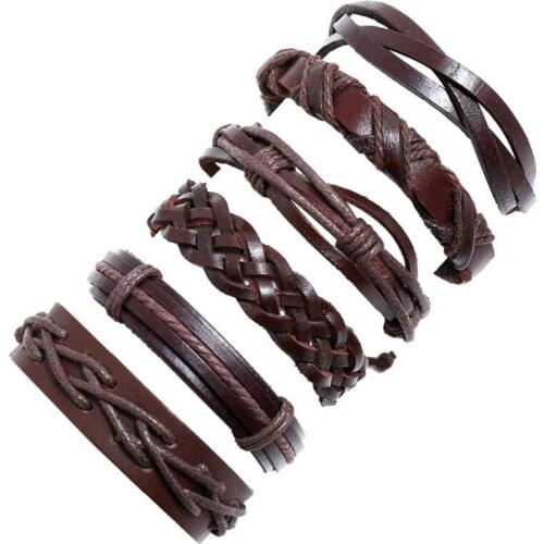 Fashion Vintage Men Wristbands Wide Bracelet Sets Braided Charm Brown Rope Leather Multi-layer Wrap Bangle Women Casual Jewelry