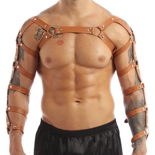 Mens Fashion Clubwear Faux Leather Body Chest Muscle Harness Sexy Man Body Cage Erotic Tanks Punk Shoulder Armors Arm Strap