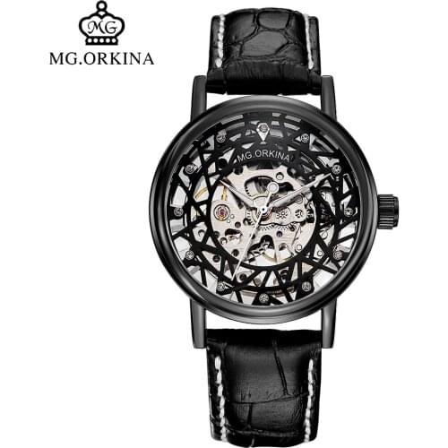 MG.ORKINA Mens Fashion Skeleton Mechanical Hand Wind Watch Casual Black Leather Luminou Wrist Watches montre homme Clock Men