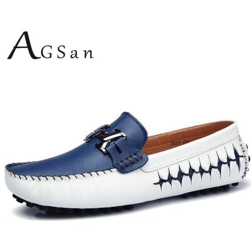 AGSan men loafers genuine leather casual shoes slip on mens boat shoes italian designer driving shoes moccasins blue black flats