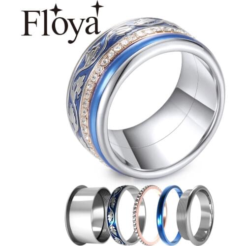Floya Blue Rings Set for Women Vintage Rotatable Stainless Steel Arctic Symphony Collection Ring Set Band Hot Sale