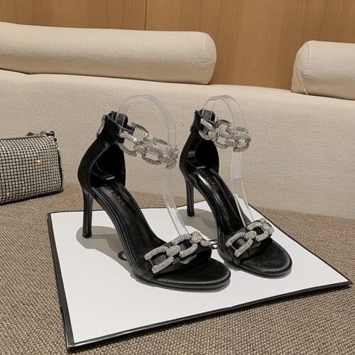 2021 New Word with High-heeled Sandals Women Fine Heeled Open-toed Sexy Water Drill Chain Fairy Wind