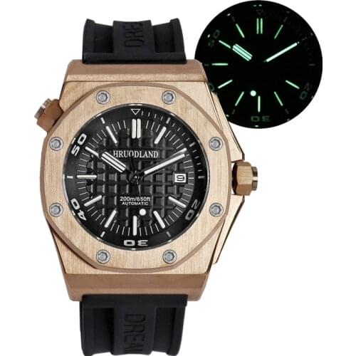 Solid Hruodland Cusn8 Bronze Luxury Men Watch Miyota 9015 Movement Sapphire Crystal Rubber Band Diving 200m See Through Back