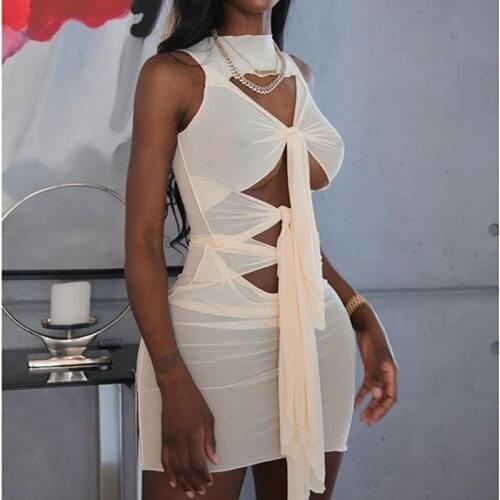 Hirigin Solid Round Neck Sleeveless Lace Up Hollow Out Chiffon Irregularity Mini Dress Summer Women Leisure Vacation Outfits