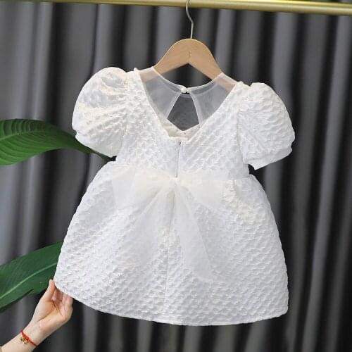 Summer Girls' White Pink Pricess Dress with Bow Cute European Korean Short Sleeve Dresses Pearl collar Toddler Girl Outfits