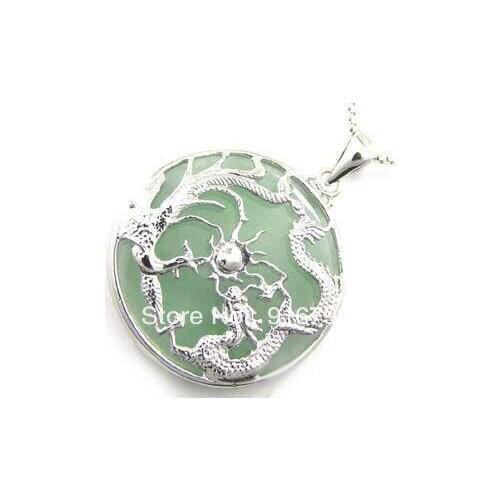 Free shipping *******Natural Light Green stone 18KWGP Dragon Phoenix Pendant and Necklace
