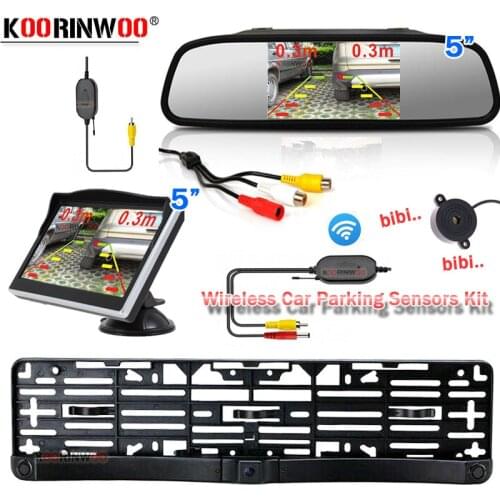 Koorinwoo EU European License Plate Frame Parktronics + Reverse Camera Car Parking Sensors Mirror Monitor Rearview Parking Alarm