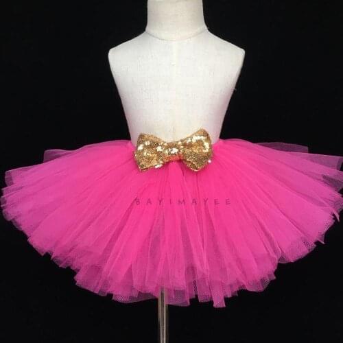 Baby Pink Tulle Tutu Skirt Girls Ballet Dance Pettiskirts Tutus with Gold Sequin Bow Children Birthday Party Costume Skirts