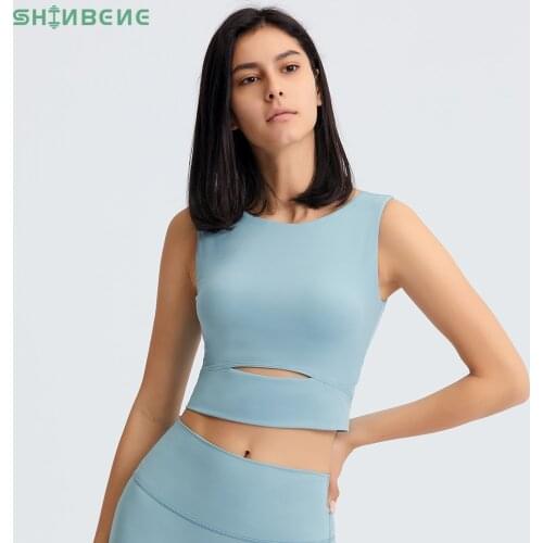 SHINBENE COZY Anti-sweat Padded Fitness Workout Crop Tops Vest Women Soft Nylon Gym Yoga Tank Tops with Removable Chest Pads