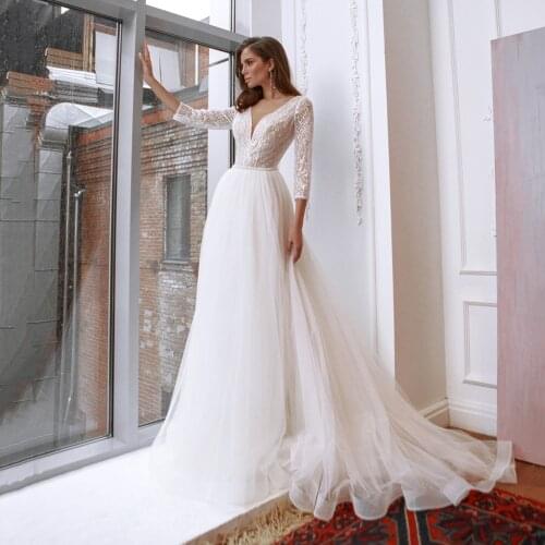 UZN Ivory A Line Sparkling Lace Beading Belt Wedding Gowns Sweetheart Three Quarter Sleeves Glitter Tulle Bridal Dress Vestido
