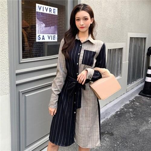 Spring Korean French Style Patchwork Women Dress Fashion Fake Two Dresses Ladies Striped Shirt Clothing Female