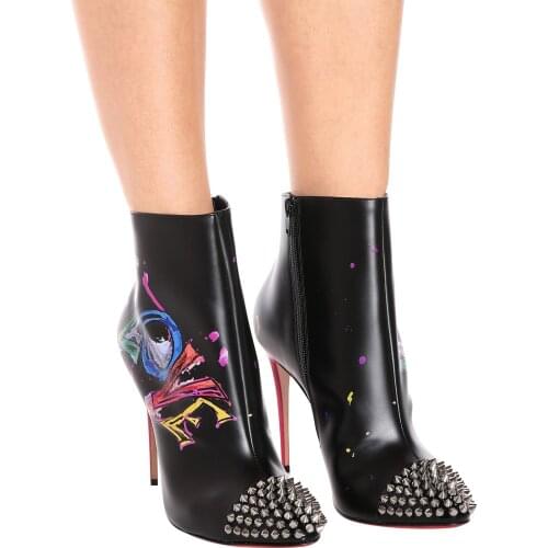 Spring Multi Letters Printed Leather Ankle Boots Metal Studs Rivets Pointed Toe Celebrity Ladies Thin High Heels Short Bottines