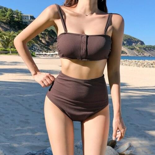 Vintage Button Bandage Women Beach Bikinis High Waist Push Up Lacing Swimwear Solid Bathing Swimming Suits 2021