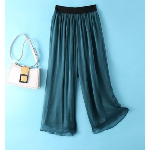 High Quality Woman Pants Summer 2021 100% Silk Wide Leg Pant Korean Fashion White Pants Female Pantalon Pour Femme Pph5027