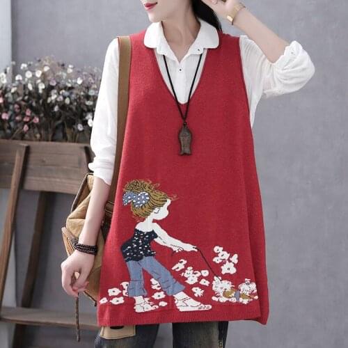 2021 Spring Autumn Women print Sweater Vest Female Sleeveless V-Neck Knitted Vest Lady Long Poullover Jumper Colete Feminino Q72