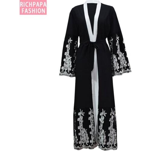 Plus Size Muslim Abaya Kimonos Mujer Long Patchwork Mesh Embroidery Cardigan Women Dubai Blusas Mujer De Moda 2019 Ropa Mujer