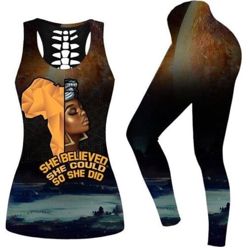 Ladies Summer Dress 2021 African Sexy Women 3D Printed Fitness Women Yoga Set Hollow Vest Tights Set High Waist Elastic Sports