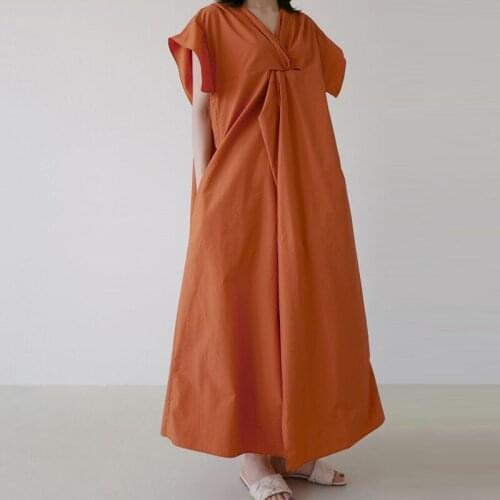 Johnature Korean Summer New V-neck Flying Sleeve Loose Women Dresses 2021 Casual 3 Colors Pockets Simple Female Dress