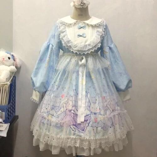 "Starry Sky Angel Rabbit" Sweet Womens Lolita OP Dress Long Sleeve Dress Lace Bows Trim One Piece Dress Light Blue Purple