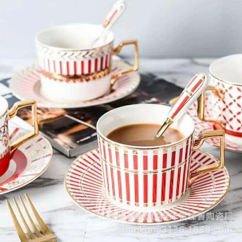 European style gold ceramic coffee cup and saucer high-end gift gift coffee cup set simple afternoon flower tea cup with spoon