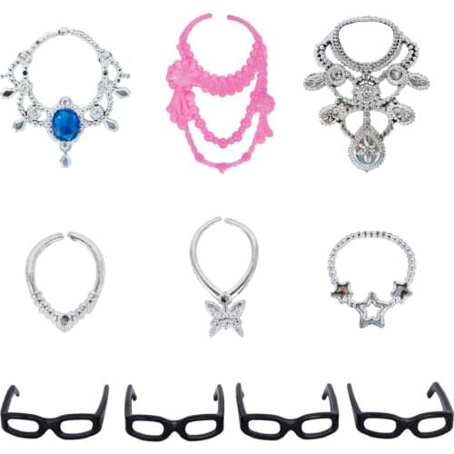 10 Pcs / Lot = 6x Fashion Random Plastic Necklaces + 4x Cute Mini Black Glasses Dollhouse Accessories for Barbie Doll Kids Toys