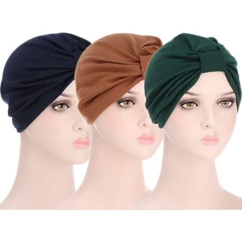 3PCS India Muslim Hijab Pleated Solid Color Women Cancer Hat Chemo Cap Hair Loss Head Scarf Turban Head Wrap Beanie Cover Bonnet