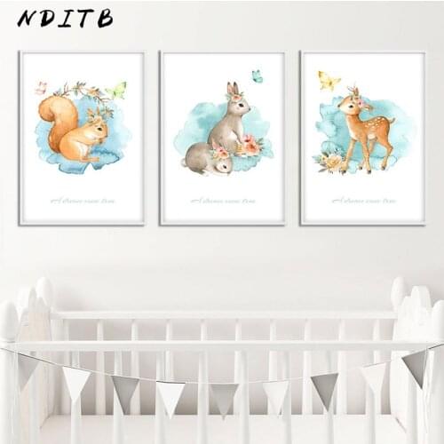 Watercolor Animal Squirrel Deer Wall Art Canvas Painting Nursery Poster Print Nordic Kids Decoration Picture Baby Bedroom Decor