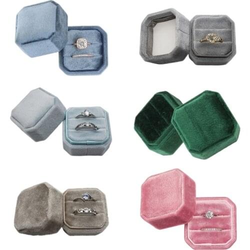 Velvet Double Ring Box Octagon Wedding Ceremony Ring Box with Detachable Lid