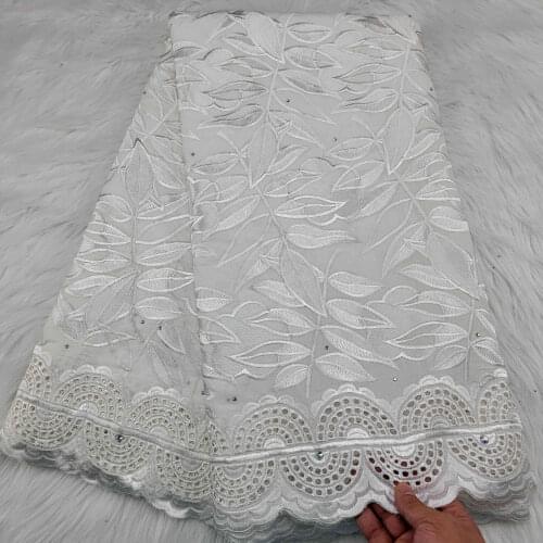 Whiite African Cotton Lace Fabric Stones Swiss Voile 5 Yard New Dubai Nigerian Cotton Lace Fabric For Party Dress Sewing Robes
