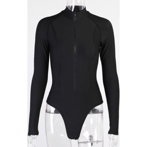 Zip-up Long Sleeve Bodysuit Women Casual Skinny Bodies 2021 Autumn Winter New Womens Top Vintage O neck Black Blue Streetwear