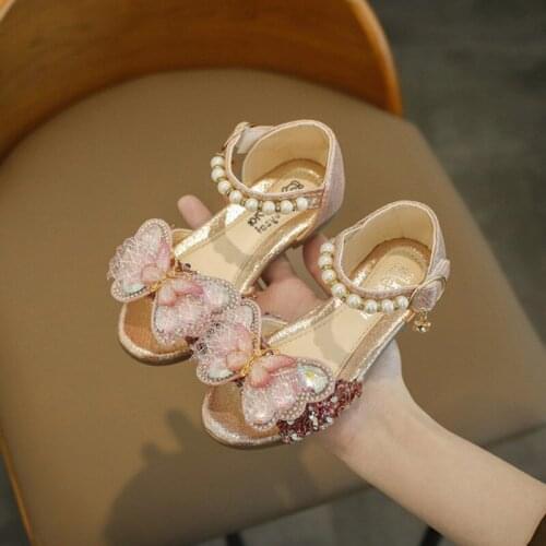 Gold Silver Pink Rhinestone Butterfly Crystal Sandals Girls Princess Shoes For Wedding Party Dance Performance Shoes Children