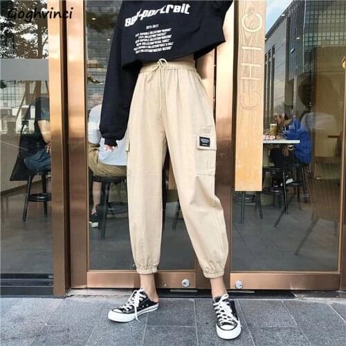 Cargo Pants Women Ankle-length Chic High Street Hip-hop Solid Pockets Womens Korean Style Ins Harjauku BF Bundle Loose Fashion