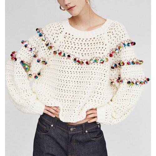 2019 Jumper Poncho Dan New Pattern Hollow Out Long Sleeve Colour Hair Bulb Decoration Round Knitting Unlined Upper Garment Head