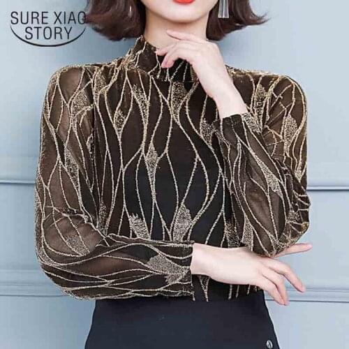 Elegant Half High Collar Mesh Tops 2021 Autumn Winter New Fashion Long Sleeve T-shirt Female Sexy Retro Blouses Blusas 16725