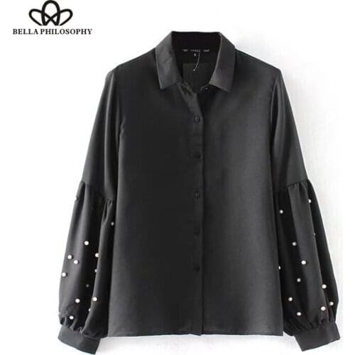 Herstory women shirt lantern sleeve decoration shirt turn down collar winter black solid female shirt