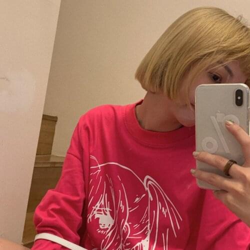 Cool Red Autumn Tshirt Streetwear Amine Cartoon Girl Print T Shirt Harajuku Gothic High Street Casual Loose Cute Tshirt Female