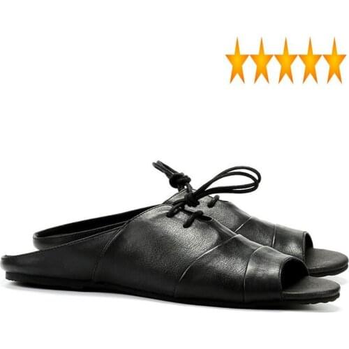 Quality Leather Vintage Slip High On Slippers Mens Summer Rome Shoes England Style Brand Classic Open Toe Flat Sandals Black