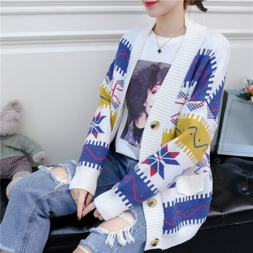 Cardigan Feminino New V Lead Knitting Unlined Upper Garment On Clothes Lazy Wind Jacquard Weave Schoolgirl Sweater Loose Coat