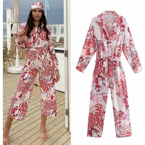 Traf ZA 2021 Spring Autumn Fashion Leisure Long Sleeve Shirt Jumpsuit Seaside Holiday Retro Printing Womens Jumpsuit