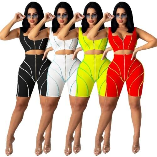 Echoine Summer Patchwork Reverse Stitching Color Woman Sexy Hanging Shoulders Wrap Chest Zipper Top Shorts Two Piece Set Outfits