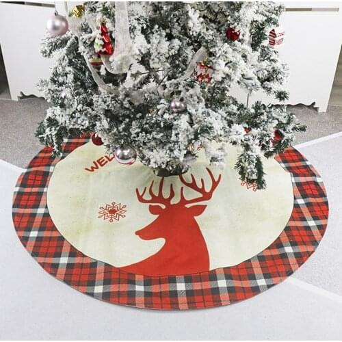 Round Elk Pattern Plaid Design Non Woven Xmas Tree Skirt Carpet Christmas Decor Christmas Tree Skirts