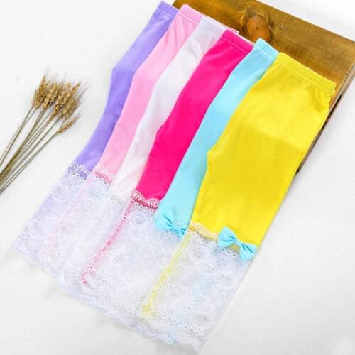 3-9Years Hot Sale Summer Girls Leggings Kids Clothes Girl Candy Color White Lace Blue Bowknot Soft Children Skinny Cropped Pants
