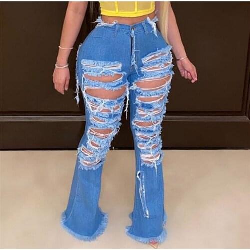 Summer Sexy Ripped Jeans Fringe Hollow Out Ruffle Flare Denim Pants High Waist Bodycon Hole Women Trousers Club Female Jeans