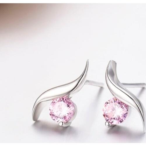 Cute Small 925 Sterling Silver S Curve Pink CZ Stud Earrings For Women Girls Children Kids Jewelry Orecchini Aros Aretes Gift