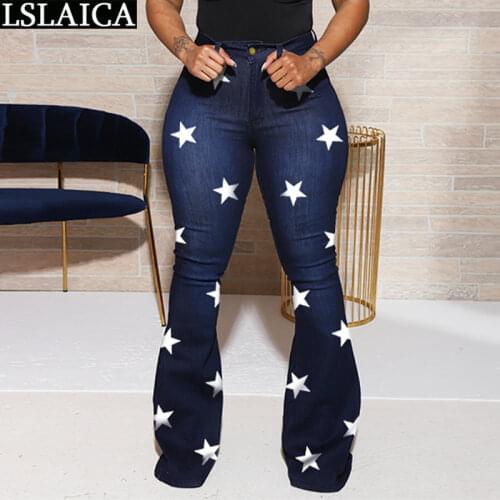 Fashion Denim Woman Pants High Waist Stars Print Female Flare Pants Fall 2020 Women Jeans Streetwear Plus Size Long Trousers