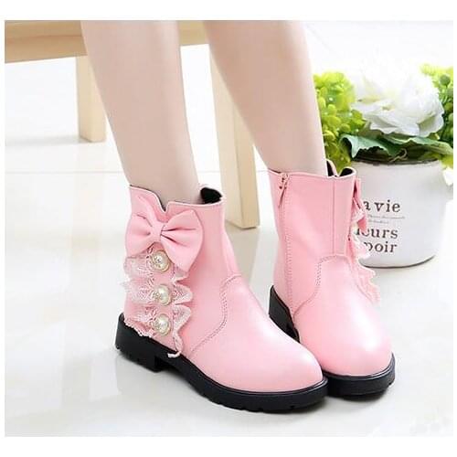 2020 new Girls Fashion Boots Princess Lace With Bow Tie PU Leather Water-proof Children Warm Cotton Boots Kids Big Girl Boots
