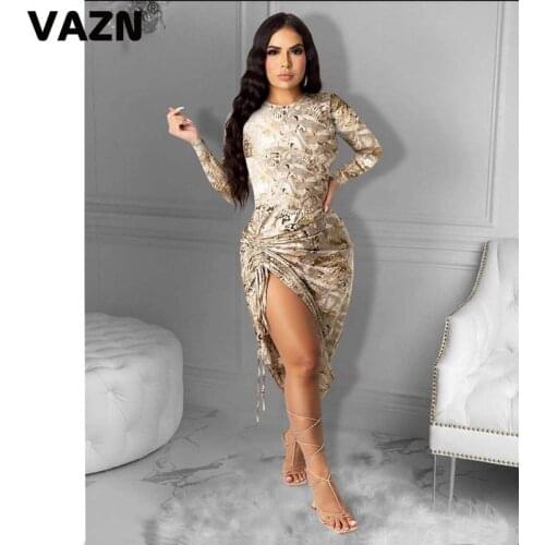 VAZN New Colorful Print O-neck Elegant Fashion Mujer Chic Ladies Slim Holiday Shinny Dress 2020 Full Sleeve Lady Mini Dress