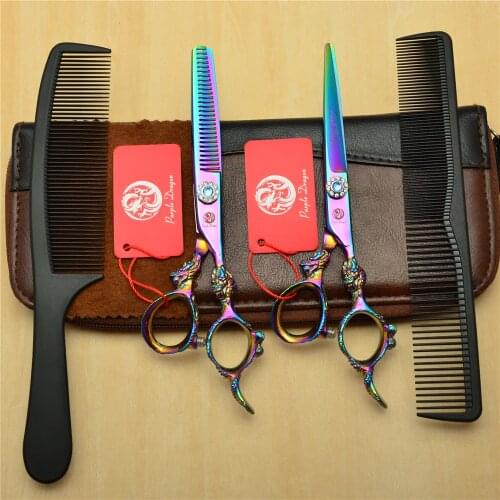 4Pcs Set 9004# 6'' Big Dragon Carve Purple Colour Hairdressing Scissors Combs +Cutting +Thinning Shears Human Hair Scissors Suit