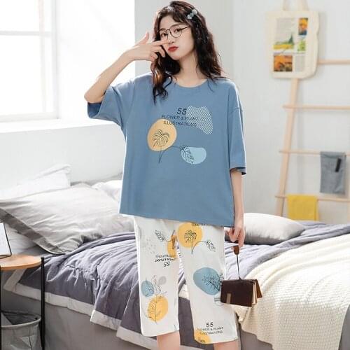 Womens Pajama Set Summer Plus Size Knit Cotton Nightwear Female Large Size 5XL Short Sleeve sleepwear Set and Homewear Pajamas